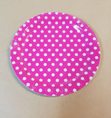 Hot pink polka dot paper plates, 9-inch, pack of 8 for vibrant party decor and easy cleanup at events.