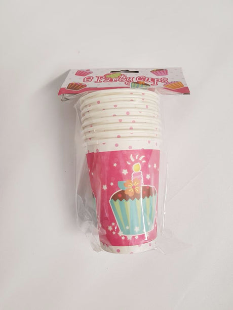 Clear plastic party cups featuring a charming cupcake design, perfect for drinks and desserts at festive gatherings.
