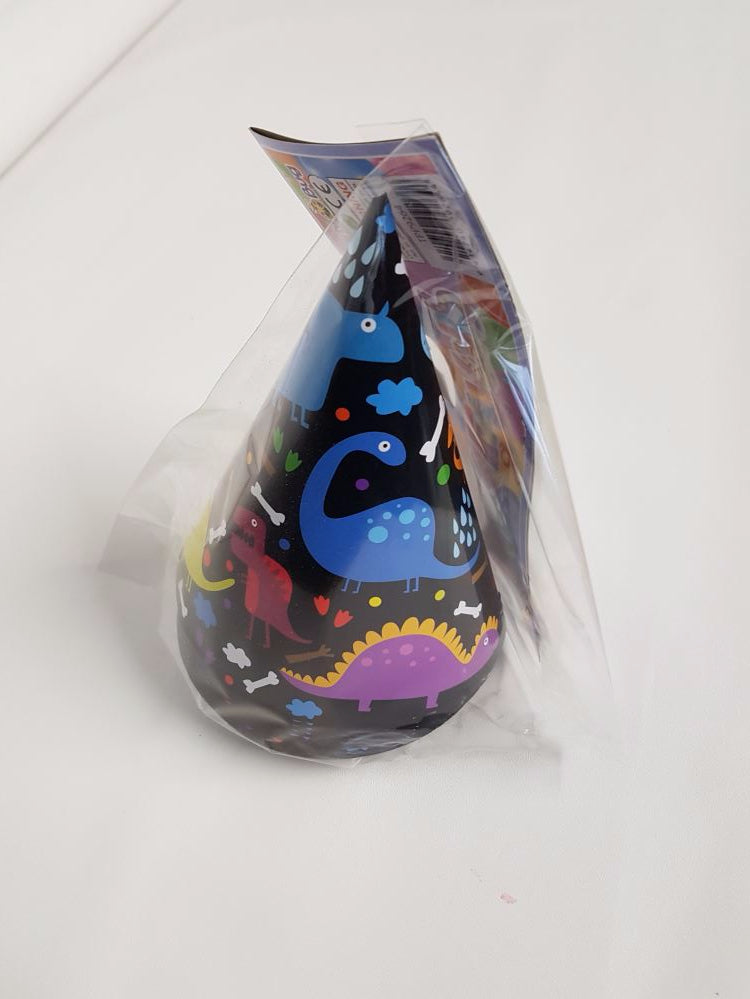 Vibrant dinosaur-themed party hats pack of 8, perfect for adding fun to any celebration with secure elastic holders.