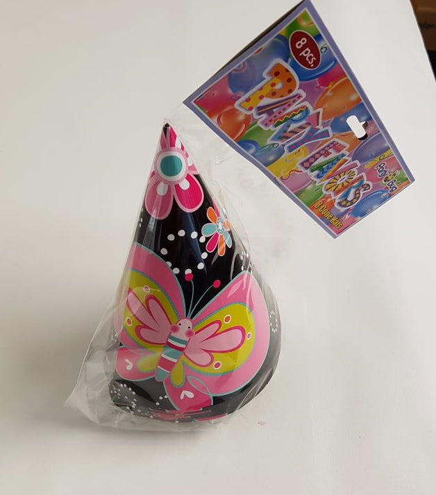 Colorful butterfly-themed cone party hats, pack of 8, perfect for festive occasions with elastic holders for comfort.