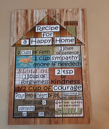 Charming 'Recipe For a Happy Home' wall art on durable MDF, 40x60cm, perfect for uplifting any room's decor.