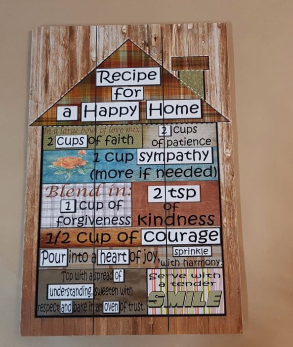 Charming 'Recipe For a Happy Home' wall art on durable MDF, 40x60cm, perfect for uplifting any room's decor.
