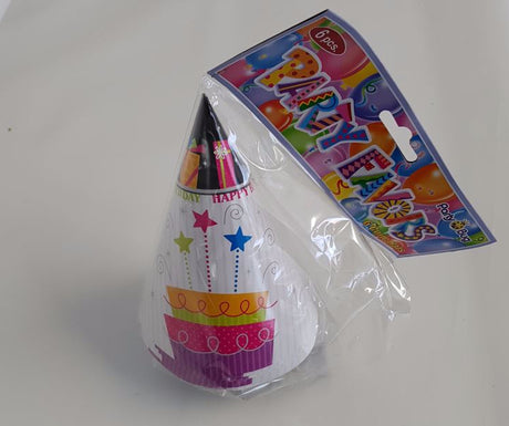 Colorful cardboard party hats pack of 6 with elastic bands, ideal for birthdays and celebrations at a clearance price.