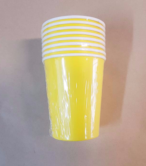 Bright yellow paper cups in a pack of 6, perfect for serving beverages at parties and events.