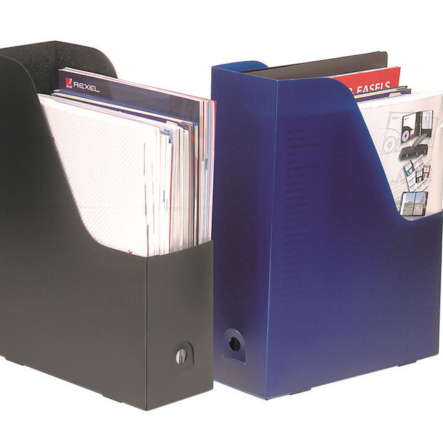 Black polypropylene magazine holder pack of 2, ideal for organizing documents and magazines with a sleek design and 90mm capacity.