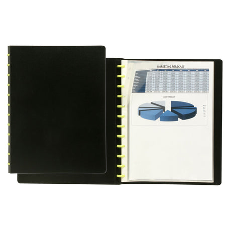 Marbig Kwik Zip A4 display book with 20 clear pockets, opens 180° for easy access and organization of documents.