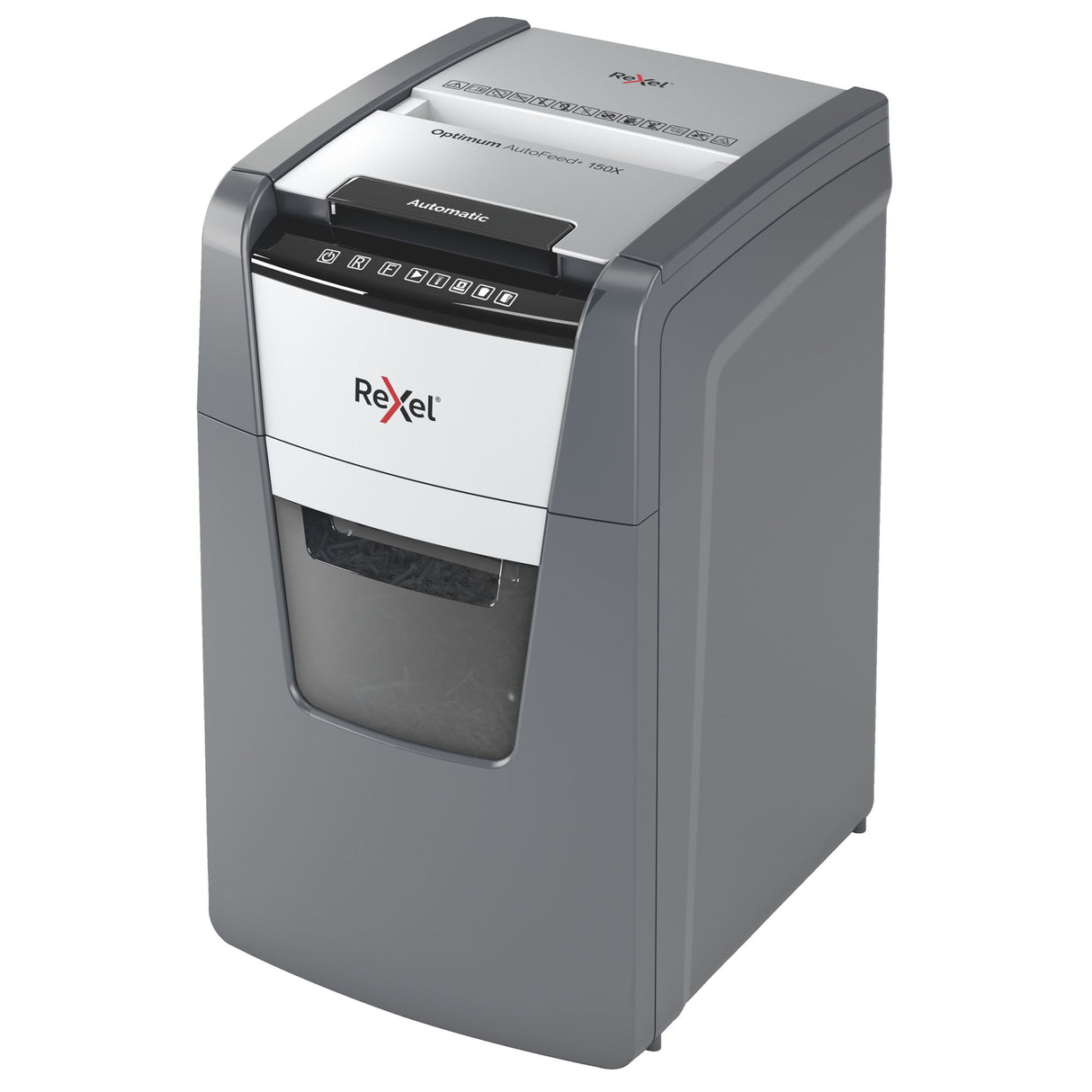 Rexel Optimum Auto+ Shredder 150x Cross, efficient auto-feed, shreds 150 sheets, quiet operation, P4 cross cut for security.