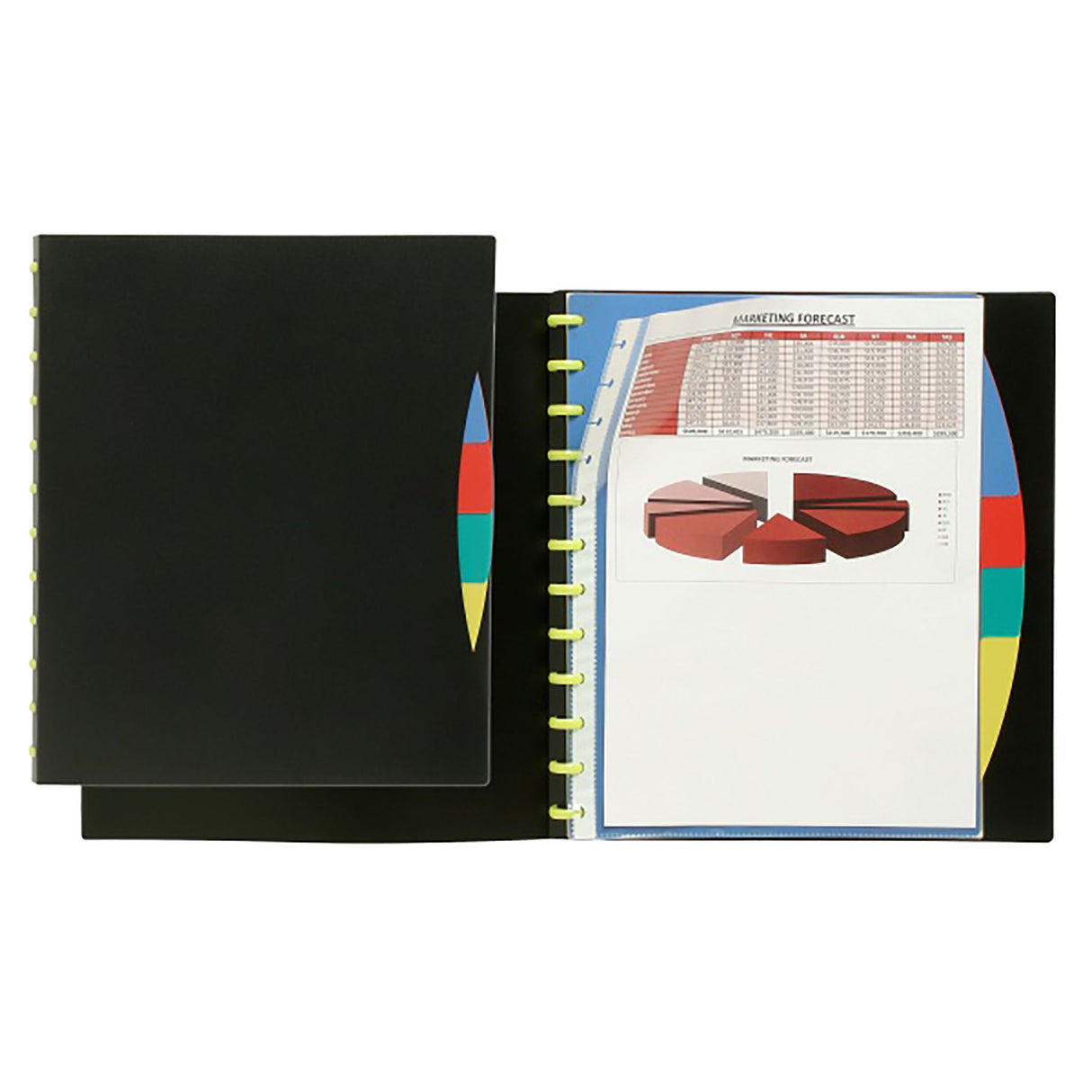 Marbig Kwik Zip A4 display book in black with 20 clear pockets and 4 colorful PP dividers for optimal document organization.