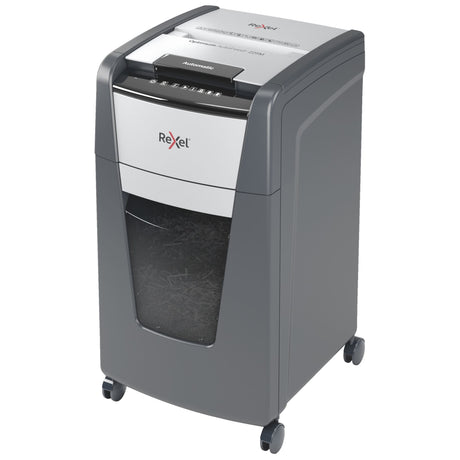 High-efficiency auto-feed shredder capable of micro-cutting 225 sheets, featuring quiet operation and jam reverse functionality.