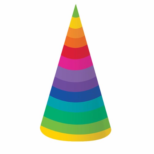 Vibrant 18cm cone-shaped rainbow hats, pack of 8, perfect for parties and celebrations, fitting most head sizes.
