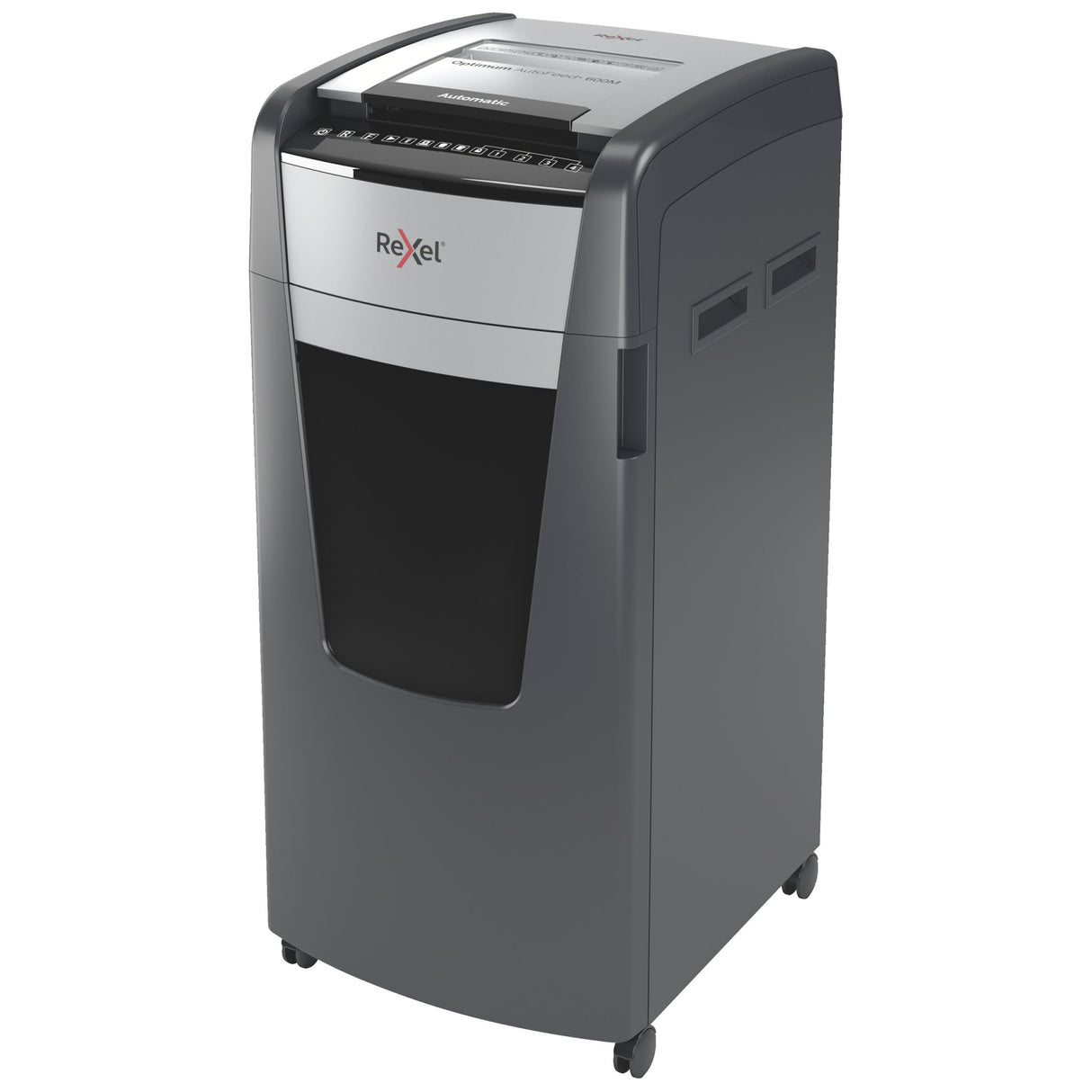 REXEL Optimum 600M Micro Cut Shredder, auto feeds 600 sheets, P5 micro cut security, 110L bin, quiet operation, touch panel control.