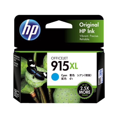 HP 915XL Cyan Ink Cartridge designed for OfficeJet Pro, printing up to 825 pages with vibrant color and fraud protection.