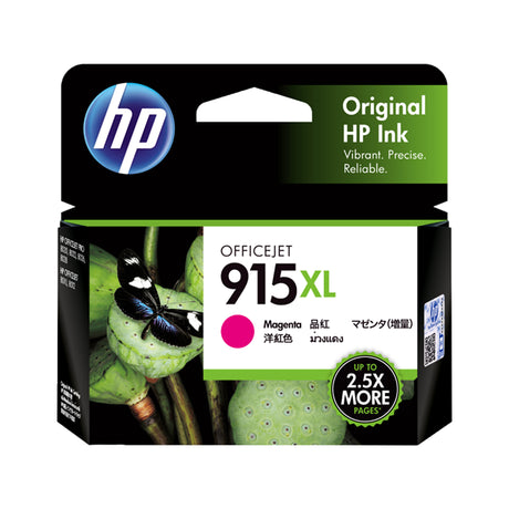 HP 915XL Magenta Ink Cartridge for vibrant prints, high yield of 825 pages, compatible with OfficeJet Pro printers.