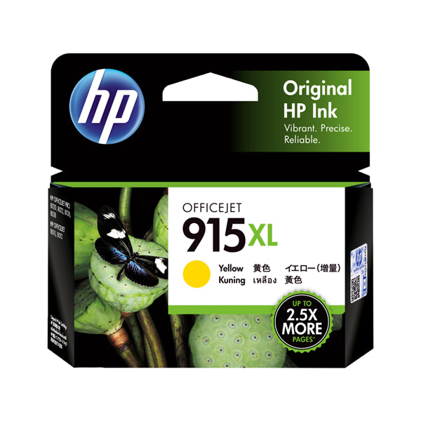 HP 915XL Yellow Ink Cartridge for vibrant, long-lasting prints; yields 825 pages, compatible with OfficeJet Pro models.