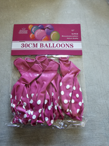 Set of 10 premium pink balloons with polka dots, 30cm, perfect for air or helium filling.
