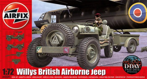 Alt text: 1:72 scale Airfix model of the Willys Jeep, Trailer & 6PDR Gun, featuring 71 parts for easy assembly and painting.