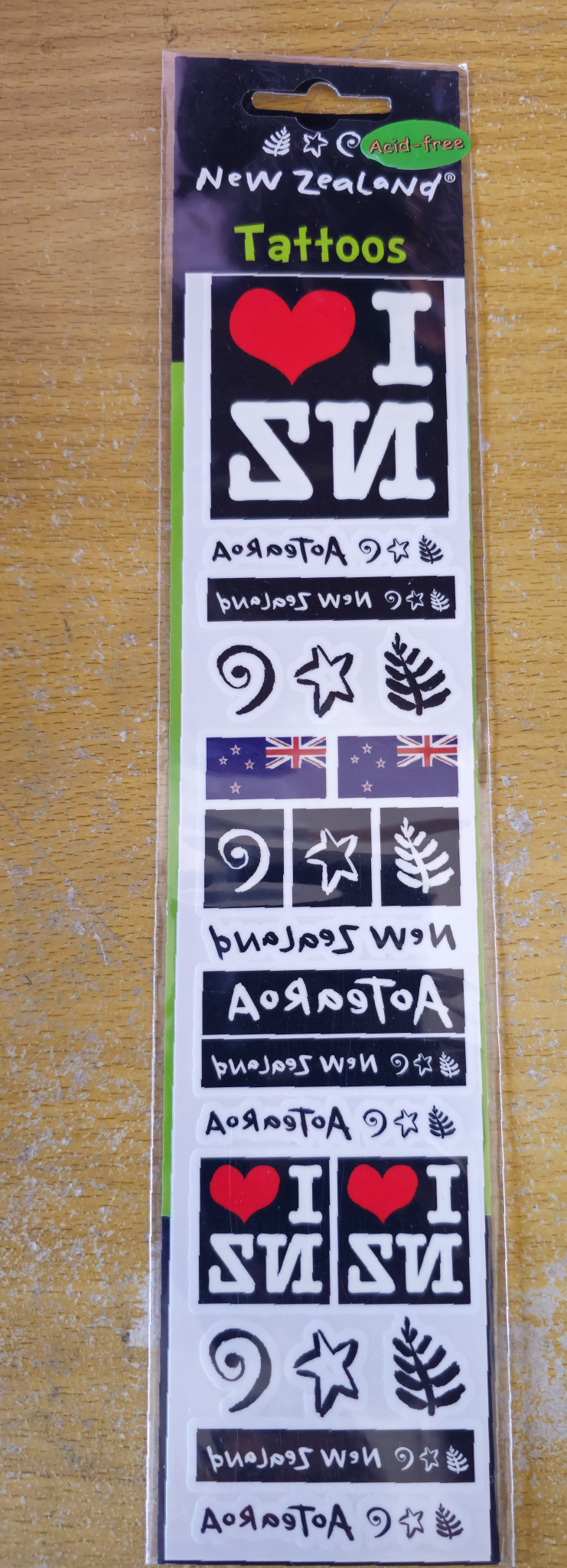 A pack of 6 vibrant 'I Love NZ' temporary tattoos, perfect for celebrating New Zealand pride and style.