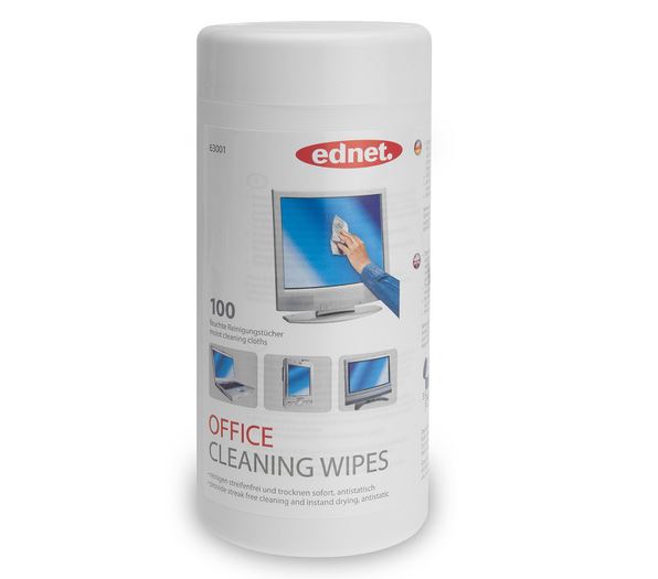 Ednet Office Cleaning Wipes Tub holds 100 wipes for streak-free cleaning of screens, glass, and sensitive surfaces.