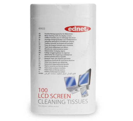 Ednet Screen Cleaning Wipes Tub containing 100 alcohol-free wipes for streak-free cleaning of all digital screens.