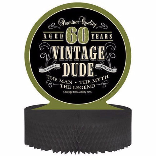 Vintage Dude 60th Birthday Centrepiece in honeycomb design, celebrating 'the man, the myth, the legend,' 9"x9"x11.75".