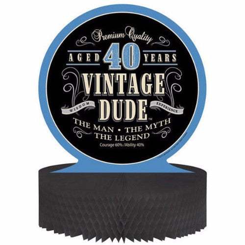 Vintage Dude 40th Birthday Centrepiece, honeycomb design, 35cm x 35cm, perfect for retro-themed 40th birthday celebrations.