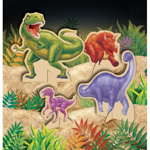 Colorful Dino Blast Centerpiece Stand-Up featuring vibrant designs, perfect for dino-themed parties and celebrations.