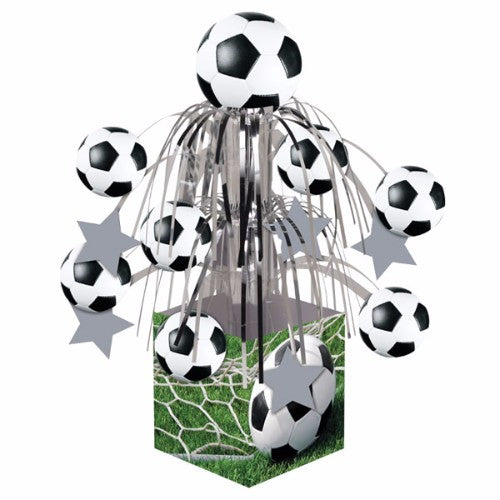 Vibrant Soccer Fanatic Foil Cascade Centrepiece, 31.75cm tall, perfect for soccer-themed parties and celebrations.