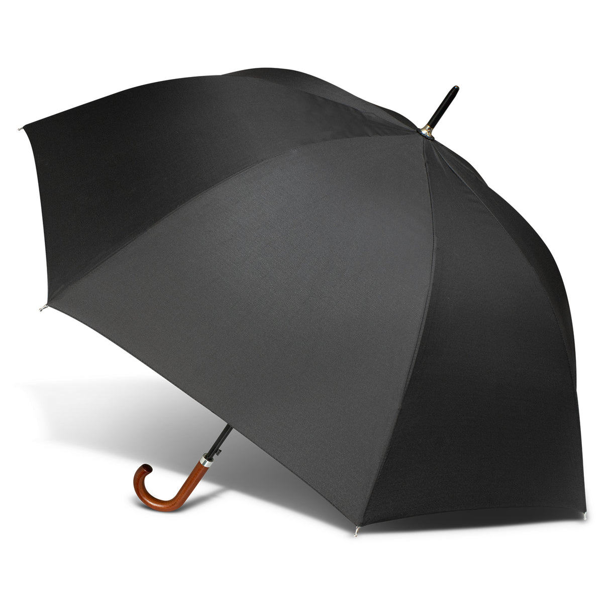Automatic-opening black umbrella with an eight-panel pongee canopy and elegant wood hook handle for professionals.