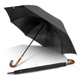 Elegant black executive umbrella with eight-panel pongee canopy, automatic opening, and classic wood hook handle.