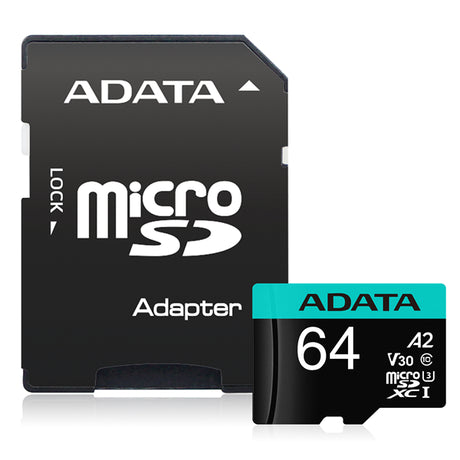 High-performance 64GB ADATA Premier Pro microSD card, UHS-I U3, ideal for 4K recording, waterproof, shockproof, with adapter.