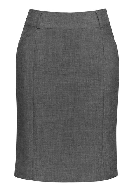 Ladies grey panelled skirt with rear split, front pockets, tailored for comfort and style, suitable for any occasion.