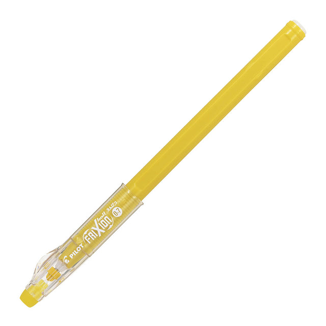 Pastel yellow erasable rollerball pen with 0.7mm fine tip, featuring built-in eraser for easy mistake corrections.