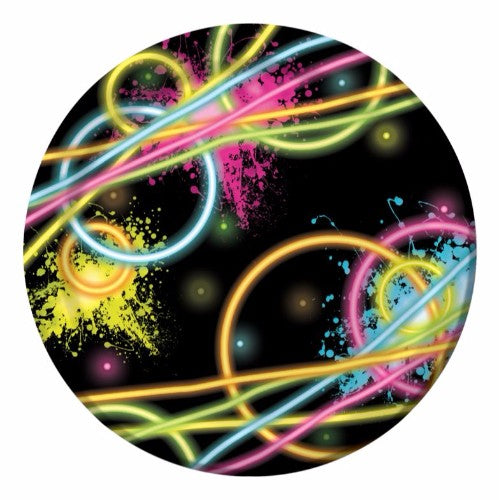 Glow Party Luncheon Plates, 18cm, vibrant paper plates that glow in the dark, perfect for festive gatherings and easy clean-up.