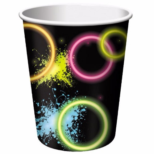 Vibrant pack of 8 eco-friendly paper cups with a glow design, perfect for parties and celebrations.