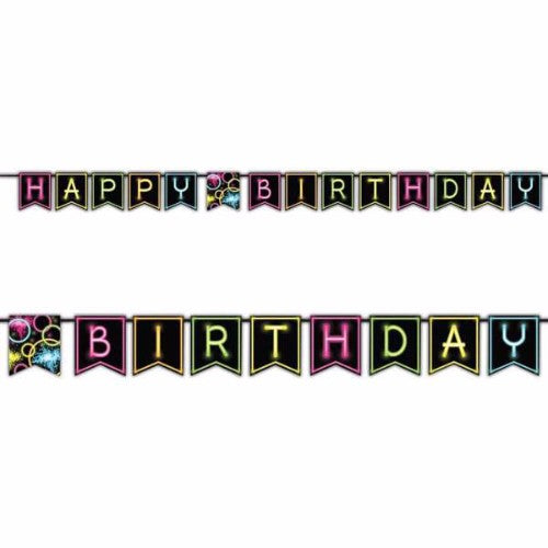 Vibrant 2.7m Glow Party Happy Birthday Ribbon Banner with colorful pennants, perfect for festive indoor and outdoor celebrations.