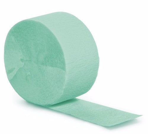 Fresh mint green crepe streamer, 24.68m long, perfect for elegant party decorations and creative DIY projects.