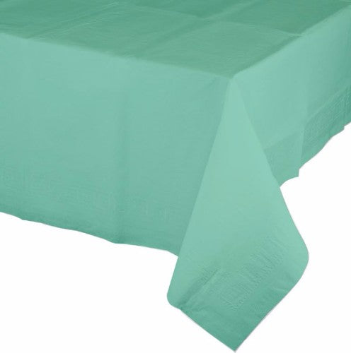 Fresh mint green tablecover with 2-ply tissue and waterproof backing, perfect for both indoor and outdoor events.