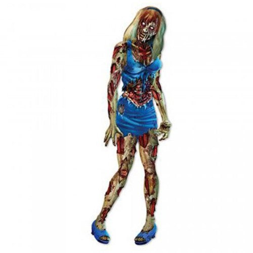 Jointed 6ft zombie girl cutout, perfect spooky decoration for Halloween events.