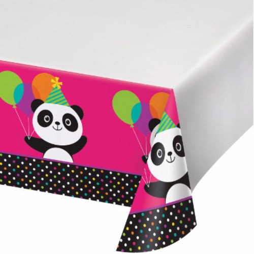 Colorful plastic tablecover with panda border, perfect for parties and gatherings, measuring 137cm x 259cm.