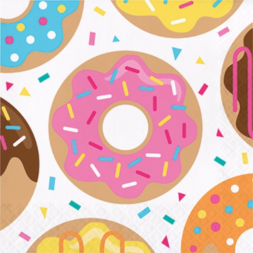 Colorful 2-ply luncheon napkins featuring a whimsical donut design, perfect for parties and dessert-themed events. Pack of 16.