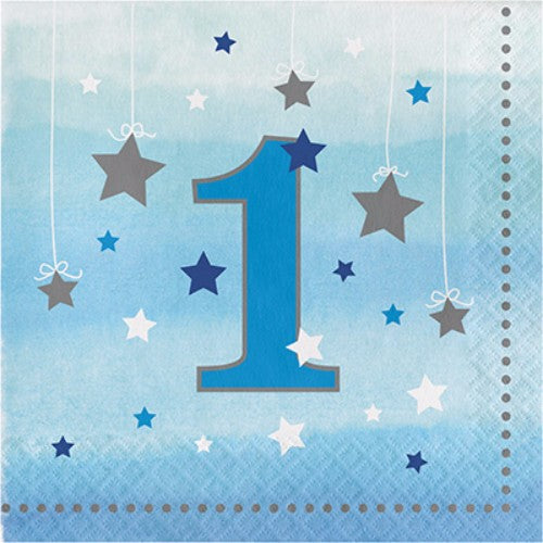 One Little Star Boy Luncheon Napkins featuring whimsical star designs, perfect for a 1st birthday celebration. Pack of 16.
