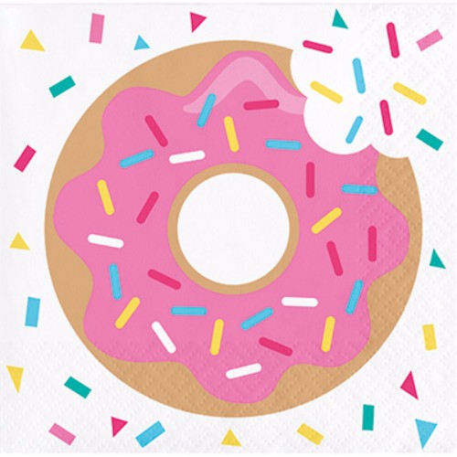 Colorful donut-themed beverage napkins in a pack of 16, ideal for parties and gatherings, measuring 25cm x 25cm.