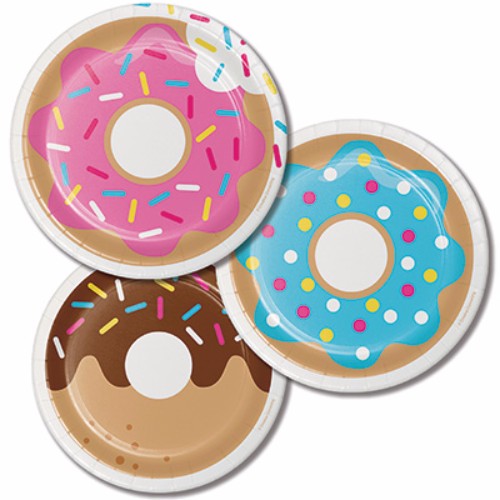 Colorful 18cm paper plates featuring playful donut designs, perfect for parties and easy cleanup. Pack of 8.
