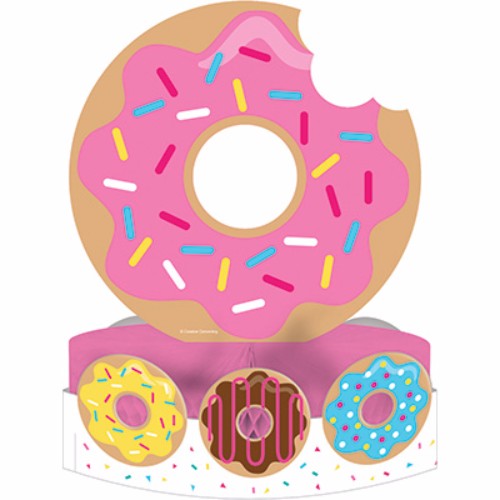 Colorful donut-themed honeycomb centerpiece, perfect for festive parties and dessert tables, measuring 30cm x 23cm.