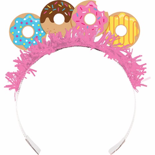 Colorful cardboard and foil tiaras shaped like donuts, perfect for parties, gatherings, and photo booth fun. Pack of 8.