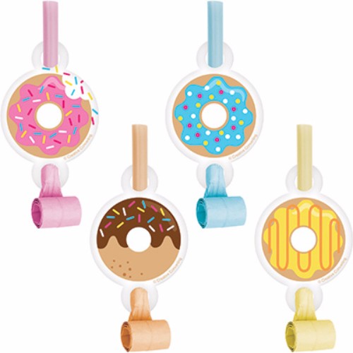 Colorful donut-themed party blowouts with medallions, perfect for festive celebrations and fun photo opportunities. Pack of 8.