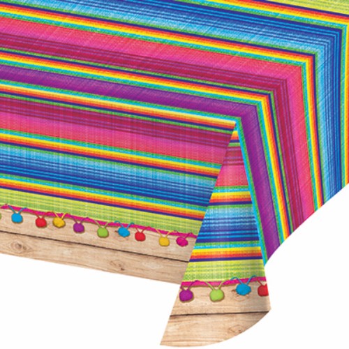 Vibrant Serape table cover, waterproof plastic, 137cm x 259cm, perfect for elevating any indoor or outdoor gathering.