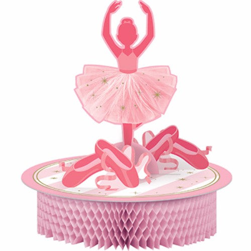 Delightful 30cm honeycomb centerpiece featuring a whimsical ballerina design in soft pastel hues for ballet-themed celebrations.