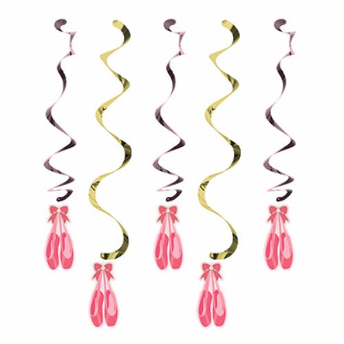 Colorful pack of 5 hanging swirls, featuring foil designs, perfect for festive celebrations and parties.