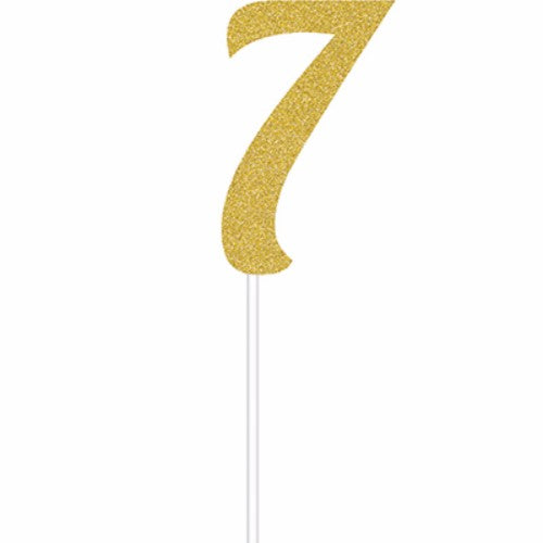 Gold glittered number 7 cake topper, 15cm x 5cm, perfect for birthday parties and special celebrations.